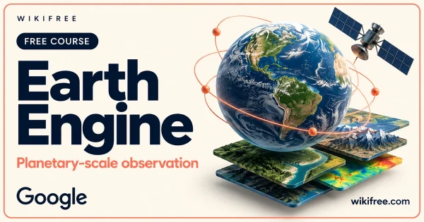 WikiFree Earth Engine course cover with an illustrative globe, satellite and layered landscape imagery.