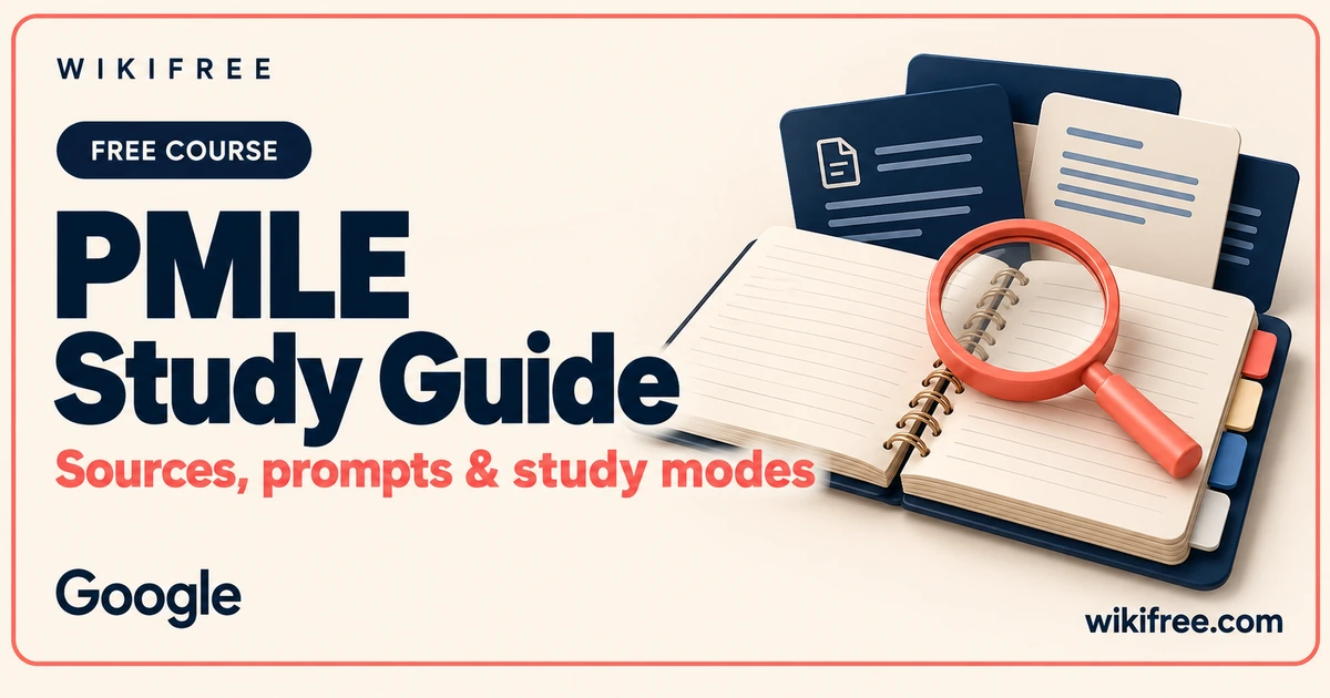 PMLE Study Guide course cover with an illustrative study notebook, source cards and magnifying glass.