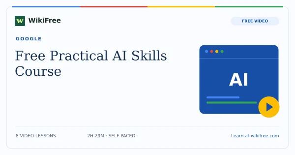 Free Practical AI Skills Course by Google. Original WikiFree artwork in Google-inspired blue, red, yellow and green.