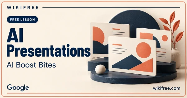 WikiFree AI Presentations lesson cover with layered presentation cards and abstract coral image shapes.