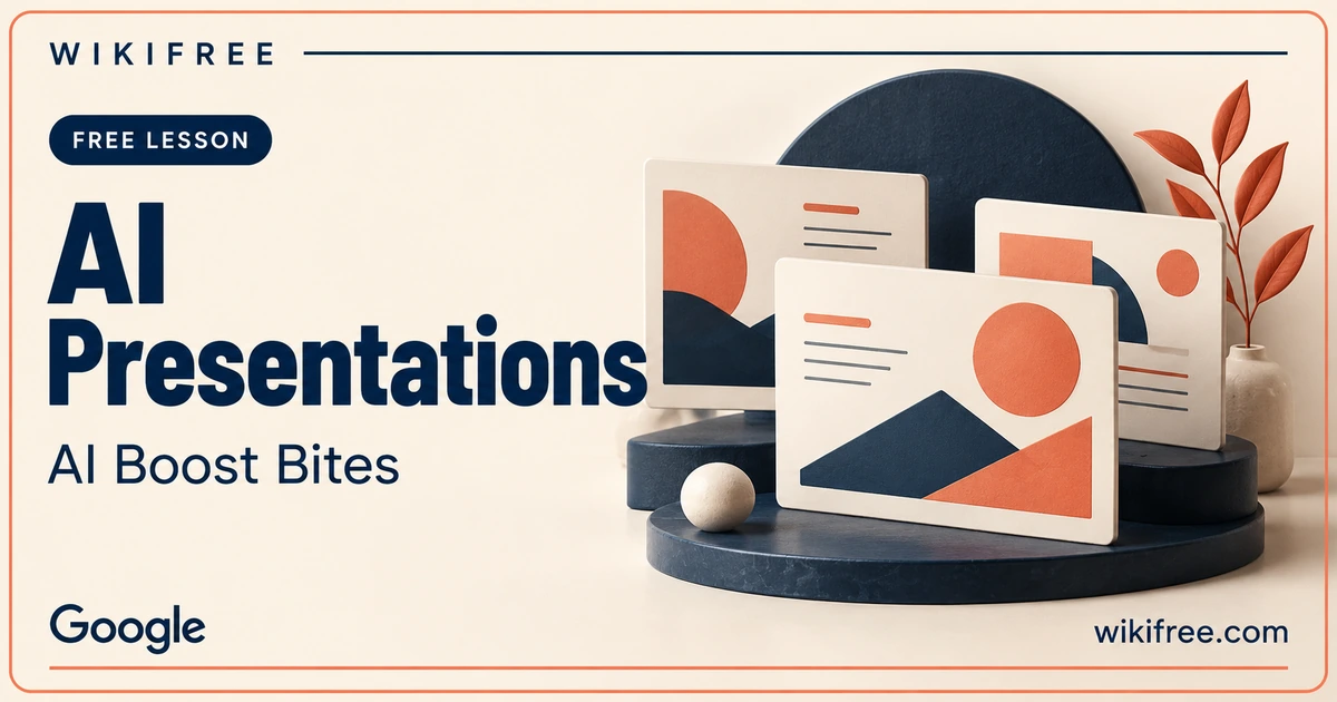 WikiFree AI Presentations lesson cover with layered presentation cards and abstract coral image shapes.