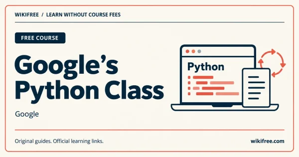 Google Python Class cover with a laptop, Python text, abstract code rows, document and circular scripting motif.