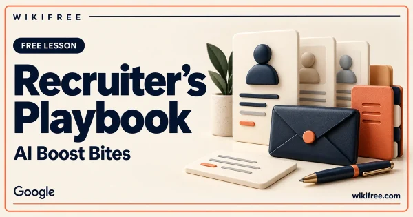 WikiFree Recruiter’s Playbook lesson cover with candidate cards, an email envelope and organizer tab.