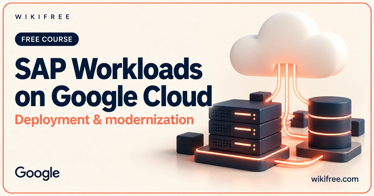 SAP Workloads on Google Cloud course cover with conceptual enterprise servers and a database connected to a cloud.