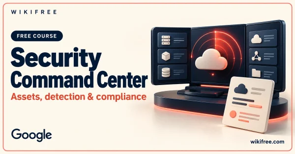 WikiFree Security Command Center course cover with conceptual cloud assets, a monitoring console and report card.