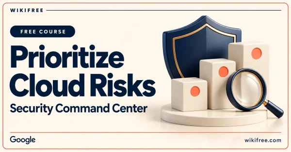 WikiFree Prioritize Cloud Risks course cover with a navy shield, abstract priority blocks and magnifying glass.