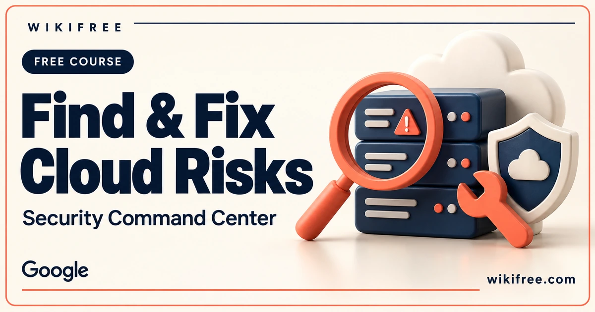 WikiFree Find and Fix Cloud Risks course cover with a coral magnifying glass, abstract server warning, repair wrench and cloud shield.