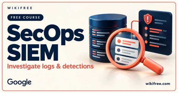 WikiFree SecOps SIEM course cover with a conceptual log-data store, event cards and magnifying lens.
