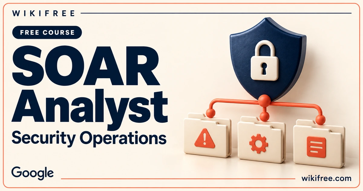 WikiFree SOAR Analyst course cover with a conceptual security shield and incident-case folders.