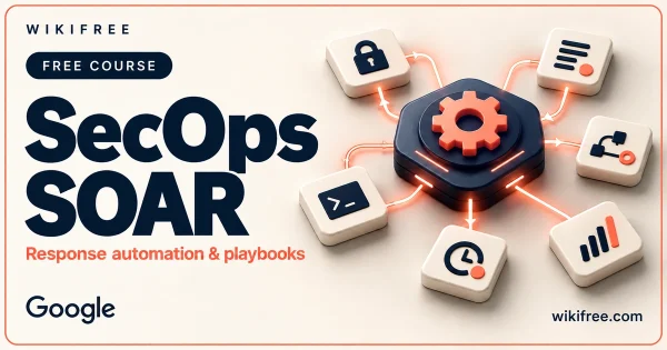 WikiFree SecOps SOAR course cover with an illustrative automation hub connected to playbook and response tiles.