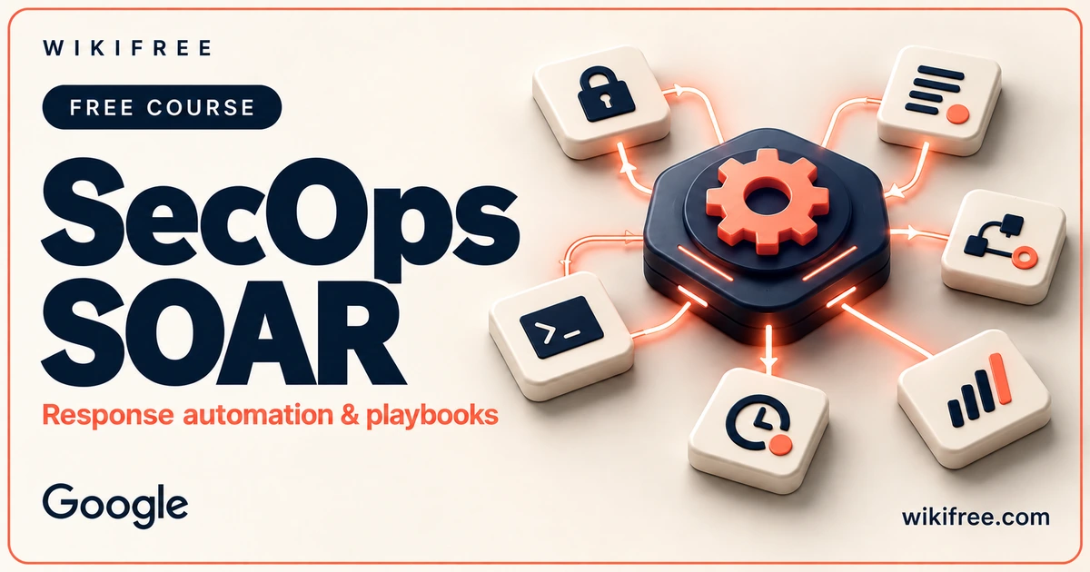 WikiFree SecOps SOAR course cover with an illustrative automation hub connected to playbook and response tiles.
