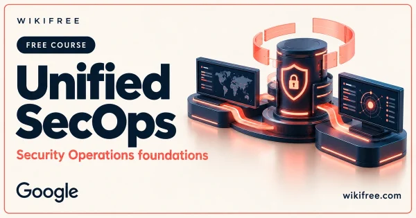 WikiFree Unified SecOps course cover with an illustrative security hub connected to monitoring and response screens.