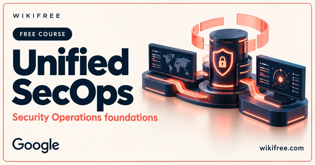 WikiFree Unified SecOps course cover with an illustrative security hub connected to monitoring and response screens.