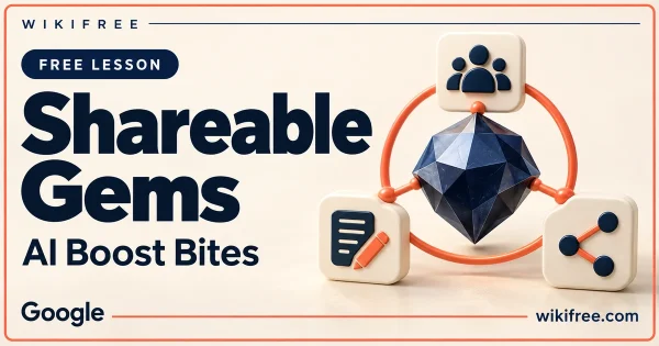 WikiFree Shareable Gems lesson cover with a navy gem and connected collaboration tiles.