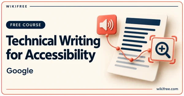 Technical Writing for Accessibility by Google, illustrated with a document, audio symbol and magnifier.