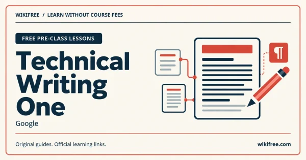 Google Technical Writing One cover labelled free pre-class lessons with a document, linked text cards, pencil and paragraph symbol.