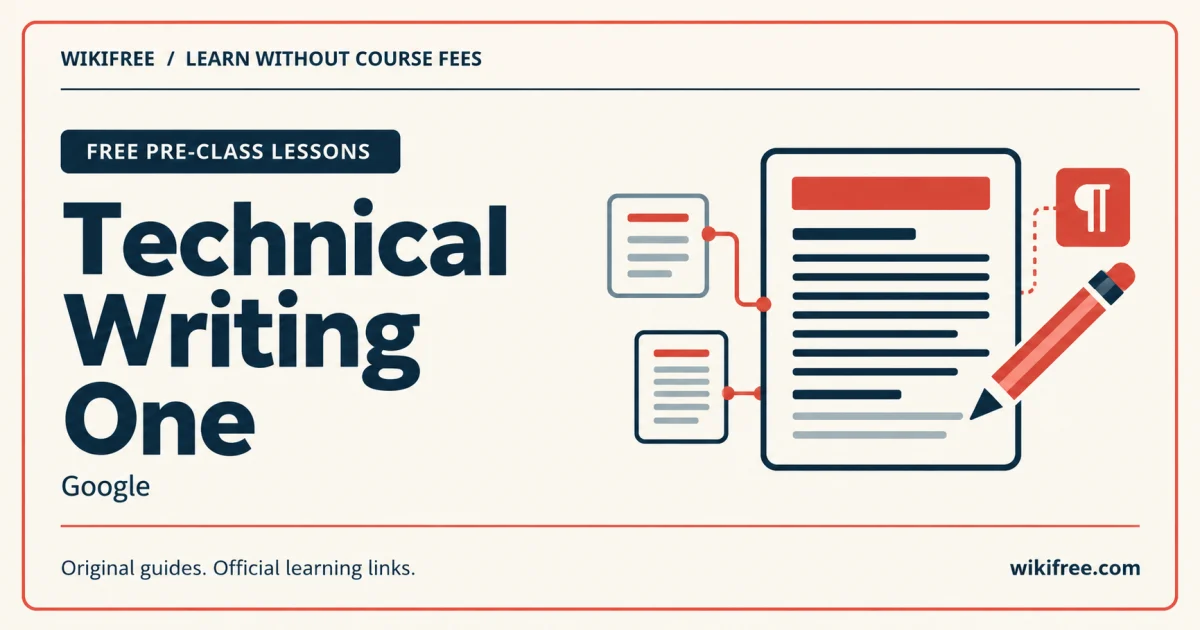 Google Technical Writing One cover labelled free pre-class lessons with a document, linked text cards, pencil and paragraph symbol.