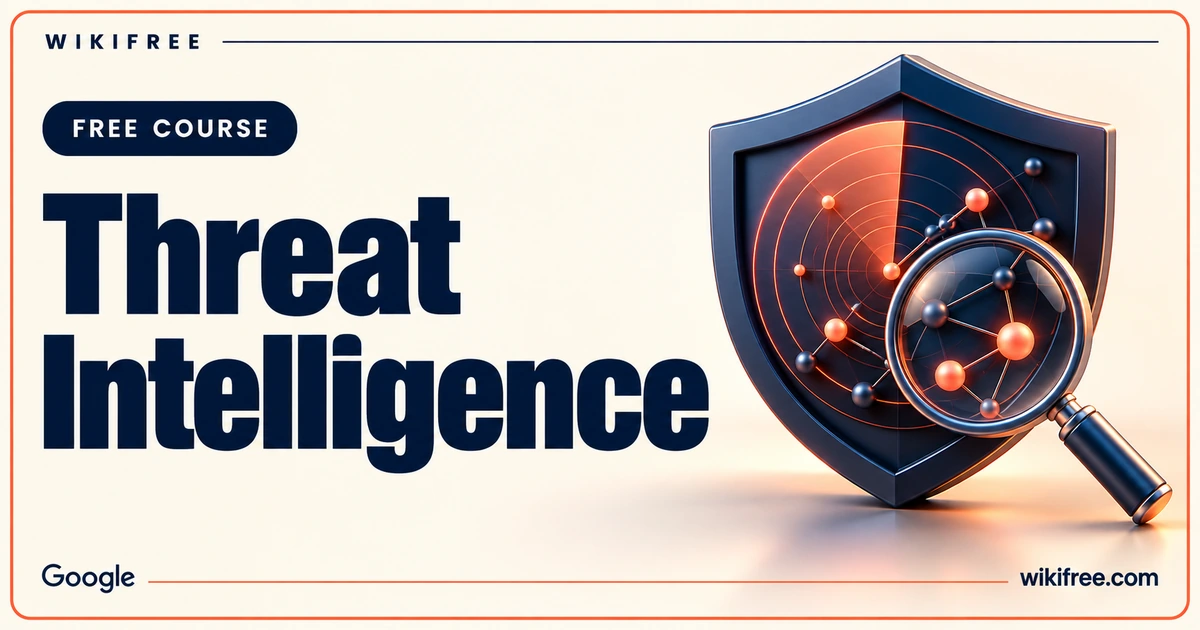 Google Threat Intelligence course cover with an illustrated shield, radar pattern and magnifying glass.