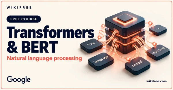 WikiFree Transformers and BERT course cover with conceptual language-token tiles connected to a model block.