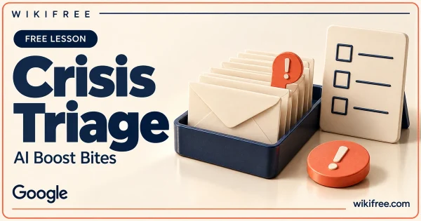 WikiFree Crisis Triage lesson cover with email envelopes, a coral priority marker and an abstract checklist.