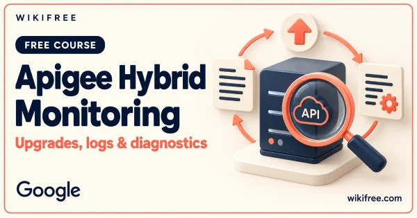 Apigee Hybrid Monitoring course cover with a magnifying glass over a conceptual API gateway and log cards.