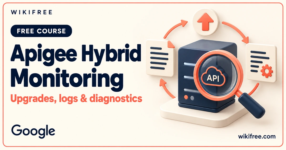 Apigee Hybrid Monitoring course cover with a magnifying glass over a conceptual API gateway and log cards.