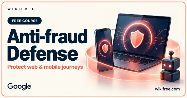 WikiFree anti-fraud defense course cover with a stylized laptop, mobile phone, protective scanning ring and bot icon.