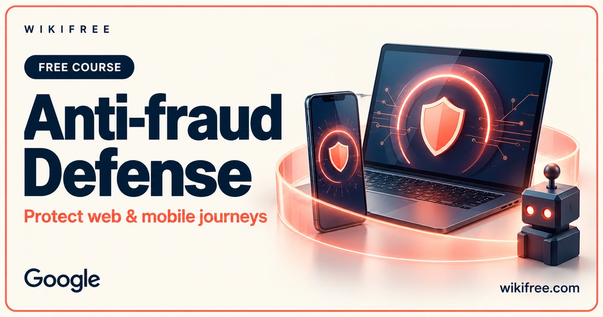 WikiFree anti-fraud defense course cover with a stylized laptop, mobile phone, protective scanning ring and bot icon.
