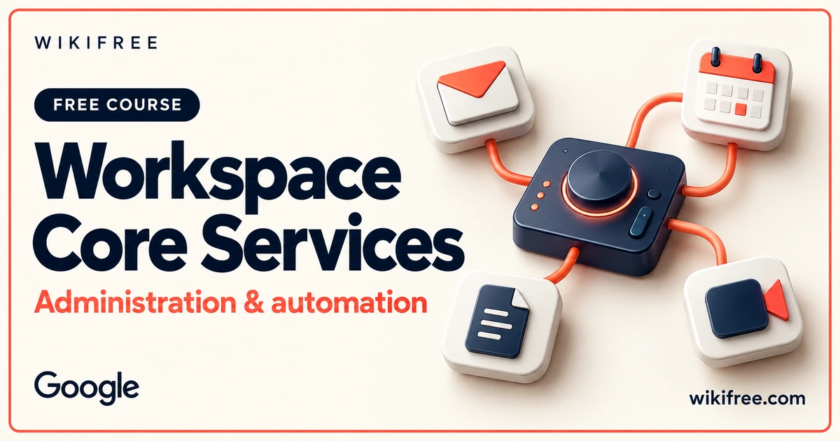 WikiFree Google Workspace Core Services course cover with a control console connected to generic email, calendar, document and video icons.