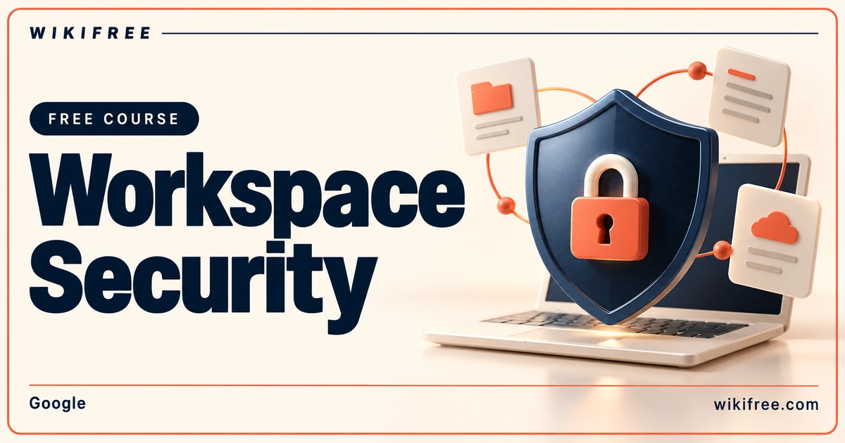 Google Workspace Security course cover with a shield, padlock, laptop and document tiles.