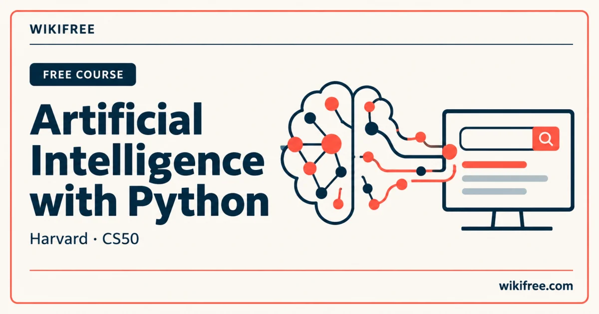 Harvard CS50 artificial intelligence course cover with a conceptual brain-shaped node network and search interface.