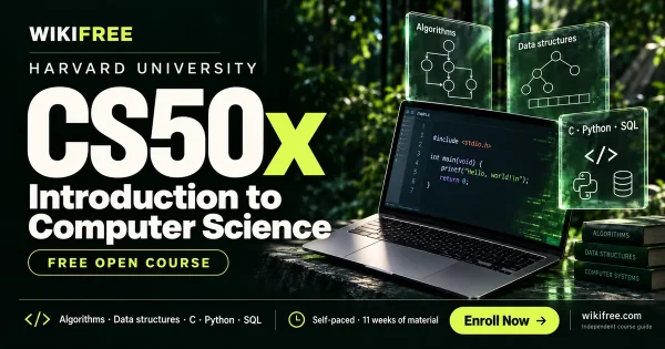 Harvard CS50x cover with a laptop displaying code and conceptual algorithm, data structure and programming cards.