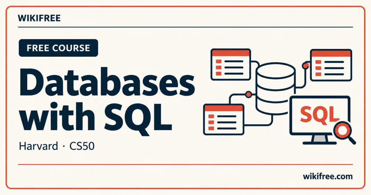 Harvard CS50 SQL course cover with a database, related table illustrations and an SQL display.