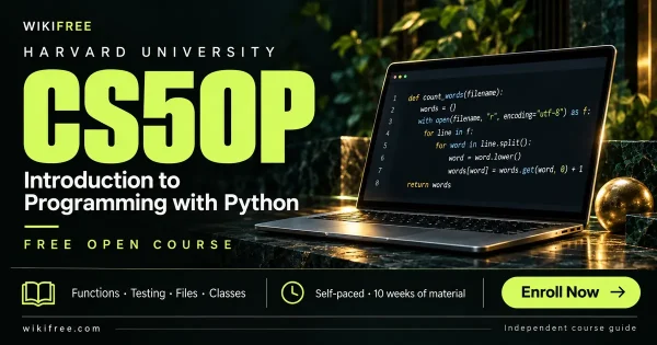Harvard CS50P cover with a laptop displaying Python code against a dark green background.