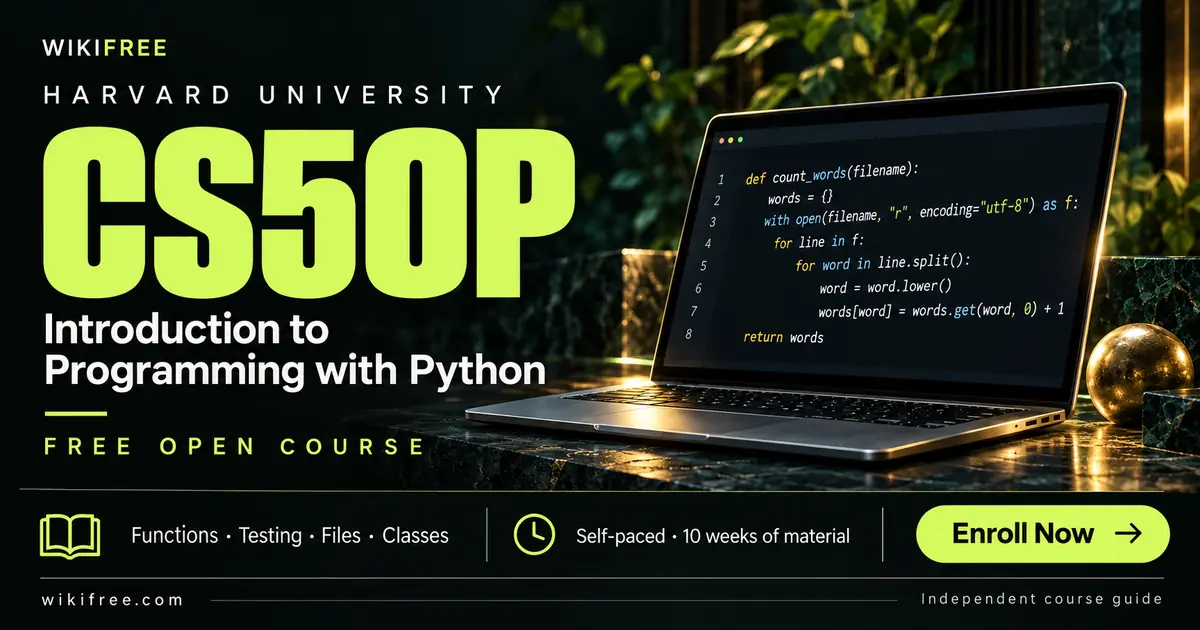 Harvard CS50P cover with a laptop displaying Python code against a dark green background.