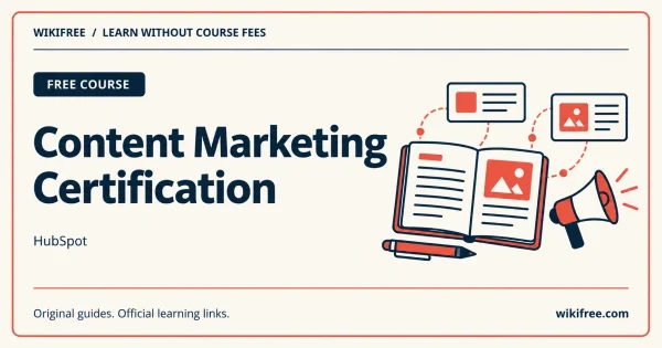 HubSpot Content Marketing Certification with an editorial notebook, content cards and a megaphone.