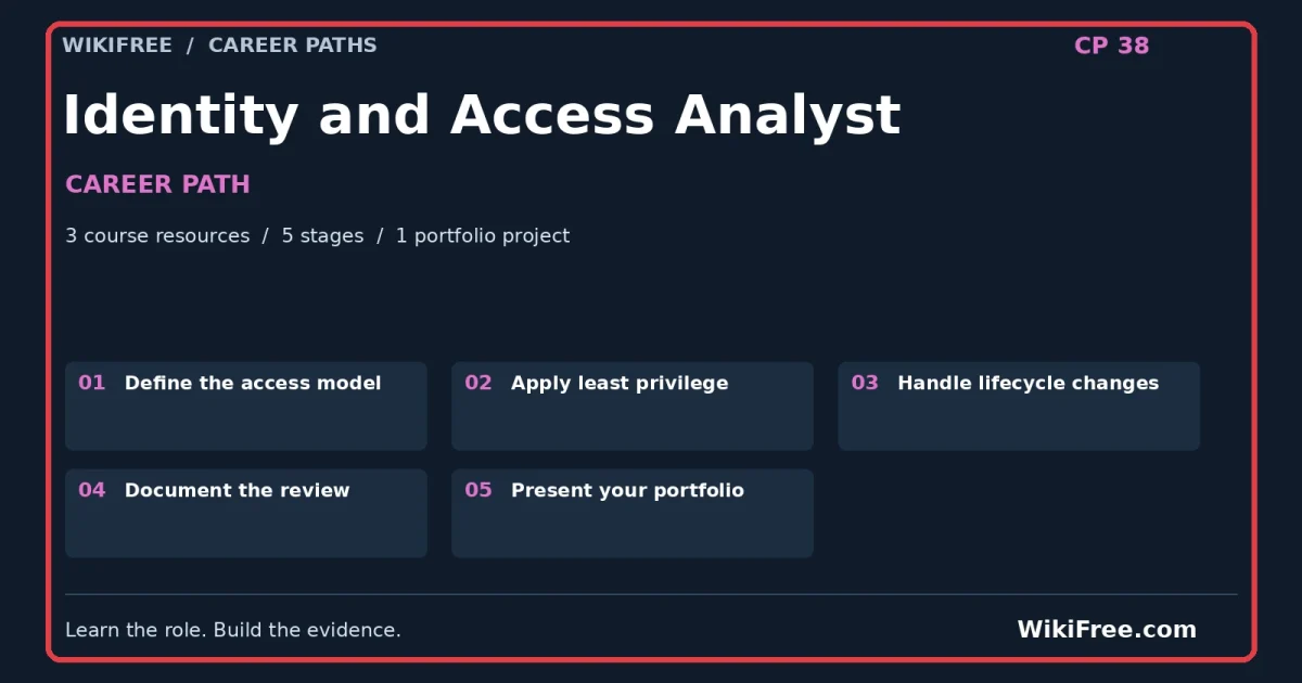 Identity and Access Analyst Career Path — 3 course resources, five stages and one portfolio project; red frame and WikiFree.com branding