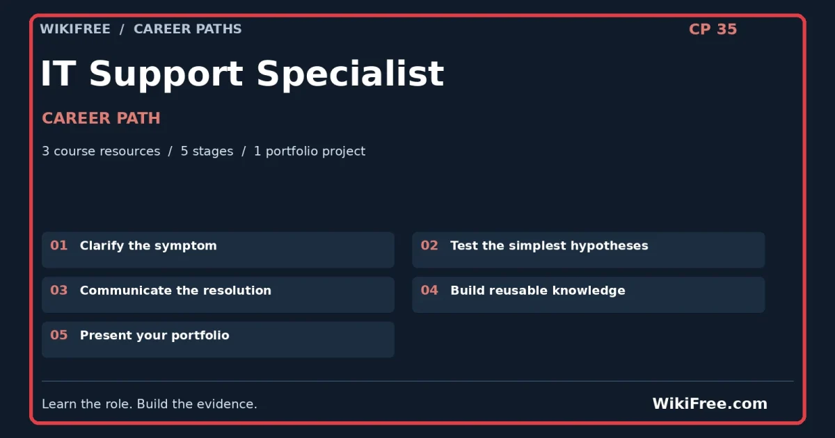 IT Support Specialist Career Path — 3 course resources, five stages and one portfolio project; red frame and WikiFree.com branding