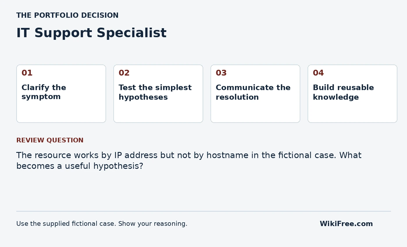 IT Support Specialist portfolio roadmap and a review question from the fictional case