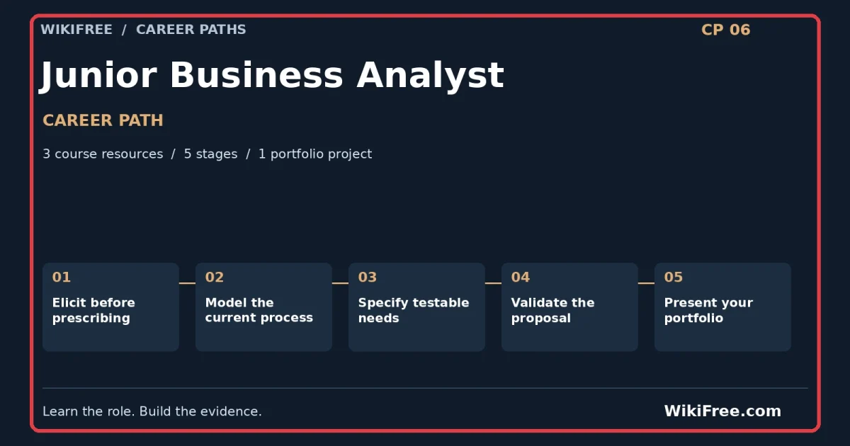 Junior Business Analyst Career Path — 3 course resources, five stages and one portfolio project; red frame and WikiFree.com branding