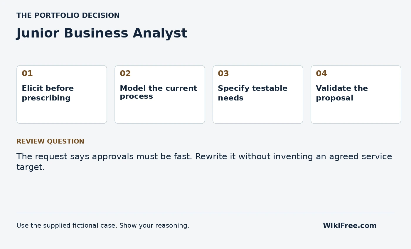 Junior Business Analyst portfolio roadmap and a review question from the fictional case
