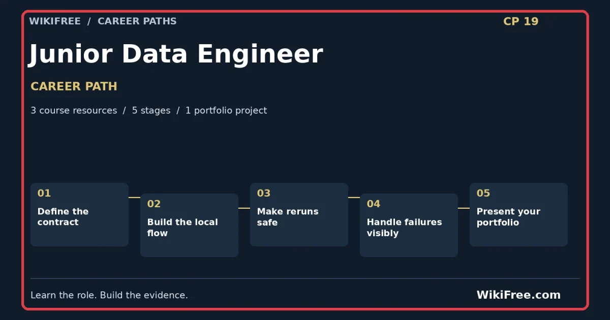 Junior Data Engineer Career Path — 3 course resources, five stages and one portfolio project; red frame and WikiFree.com branding