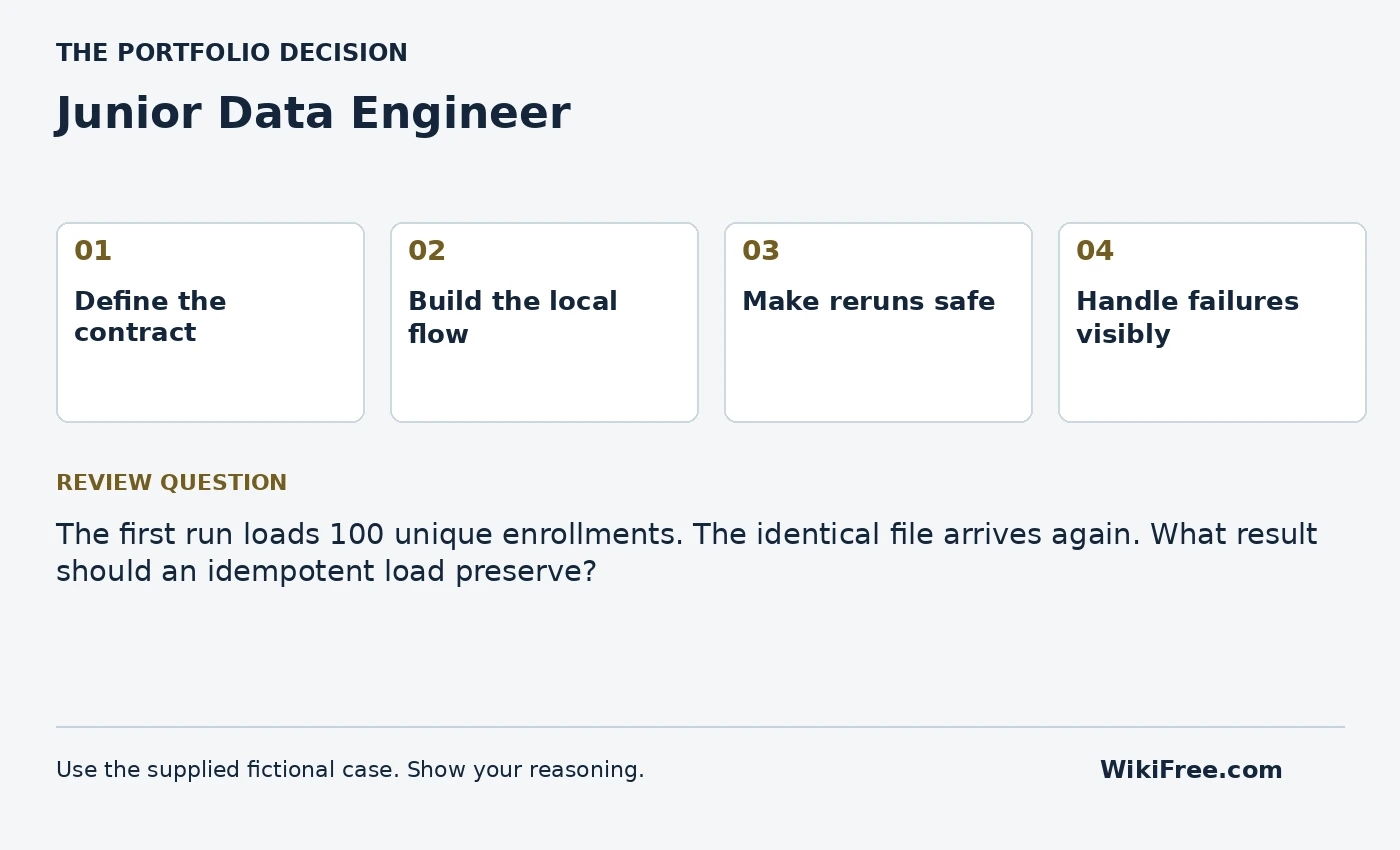 Junior Data Engineer portfolio roadmap and a review question from the fictional case