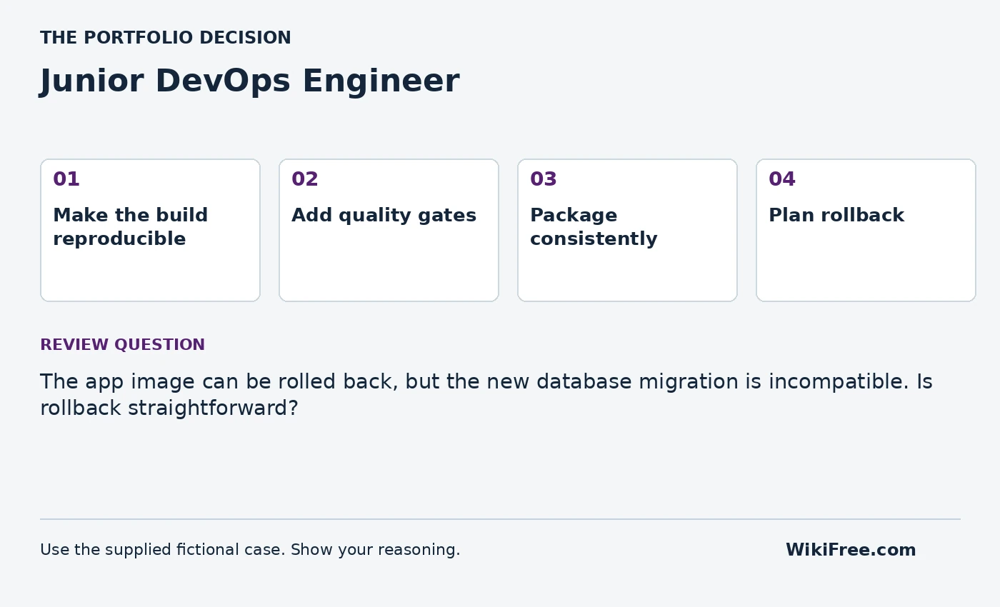 Junior DevOps Engineer portfolio roadmap and a review question from the fictional case