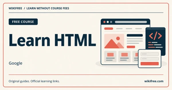 Learn HTML course cover with a browser layout, code symbol and form illustration.