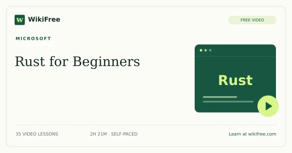 Rust for Beginners by Microsoft: 35 free video lessons. Original WikiFree course artwork.