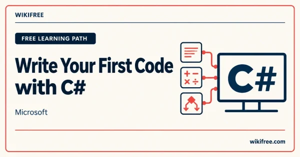 Microsoft C# learning path cover with a C# symbol and illustrations of text input, arithmetic and conditional logic.
