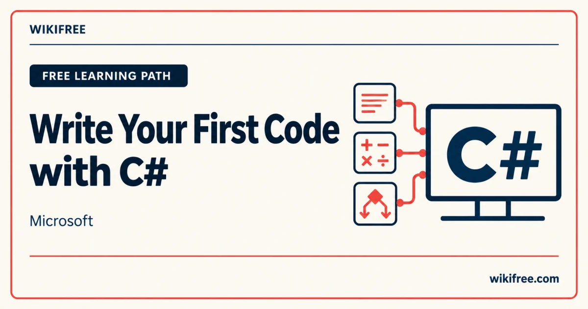 Microsoft C# learning path cover with a C# symbol and illustrations of text input, arithmetic and conditional logic.