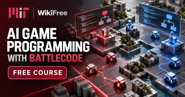 Free MIT Course: AI Game Programming with Battlecode. Original topic-specific WikiFree artwork in MIT red, silver, black and white. FREE COURSE.
