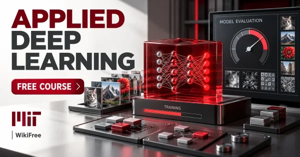 Free MIT Course: Applied Deep Learning and Generative AI. Original topic-specific WikiFree artwork in MIT red, silver, black and white. FREE COURSE.
